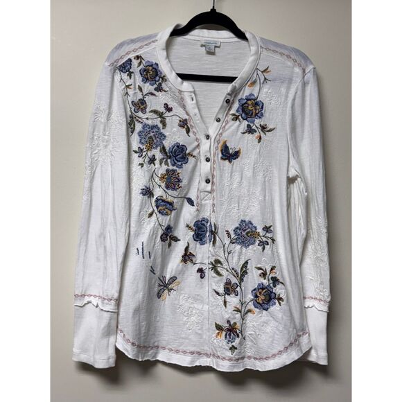 SUNDANCE Summer Blooms Embroidered Jersey Henley Top, Sz S - Picture 3 of 11